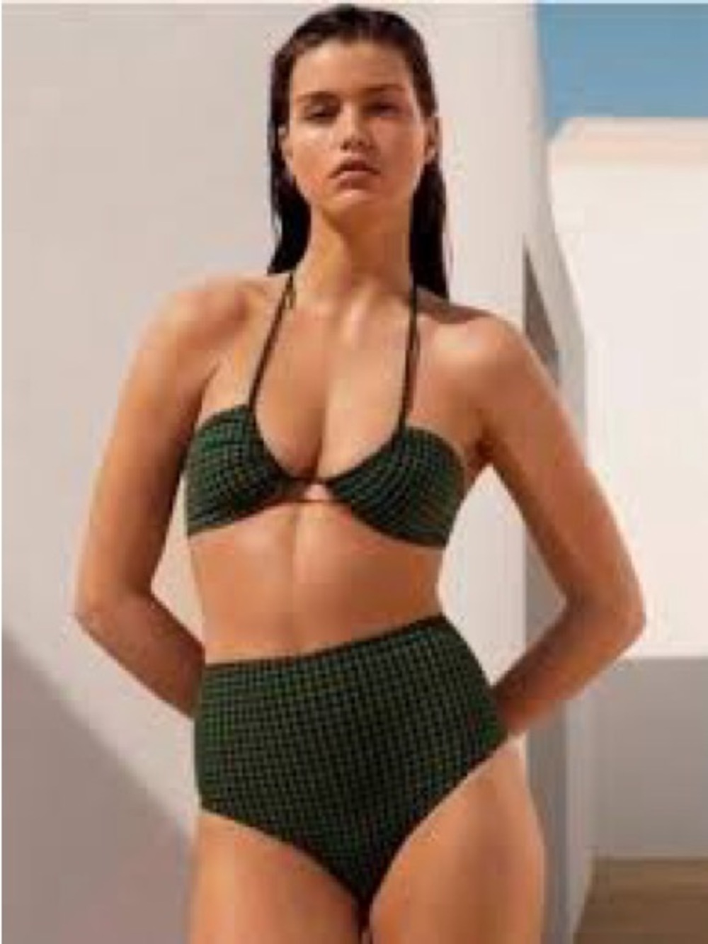 OYSHO Gingham Halter Bikini Top in Olive Green